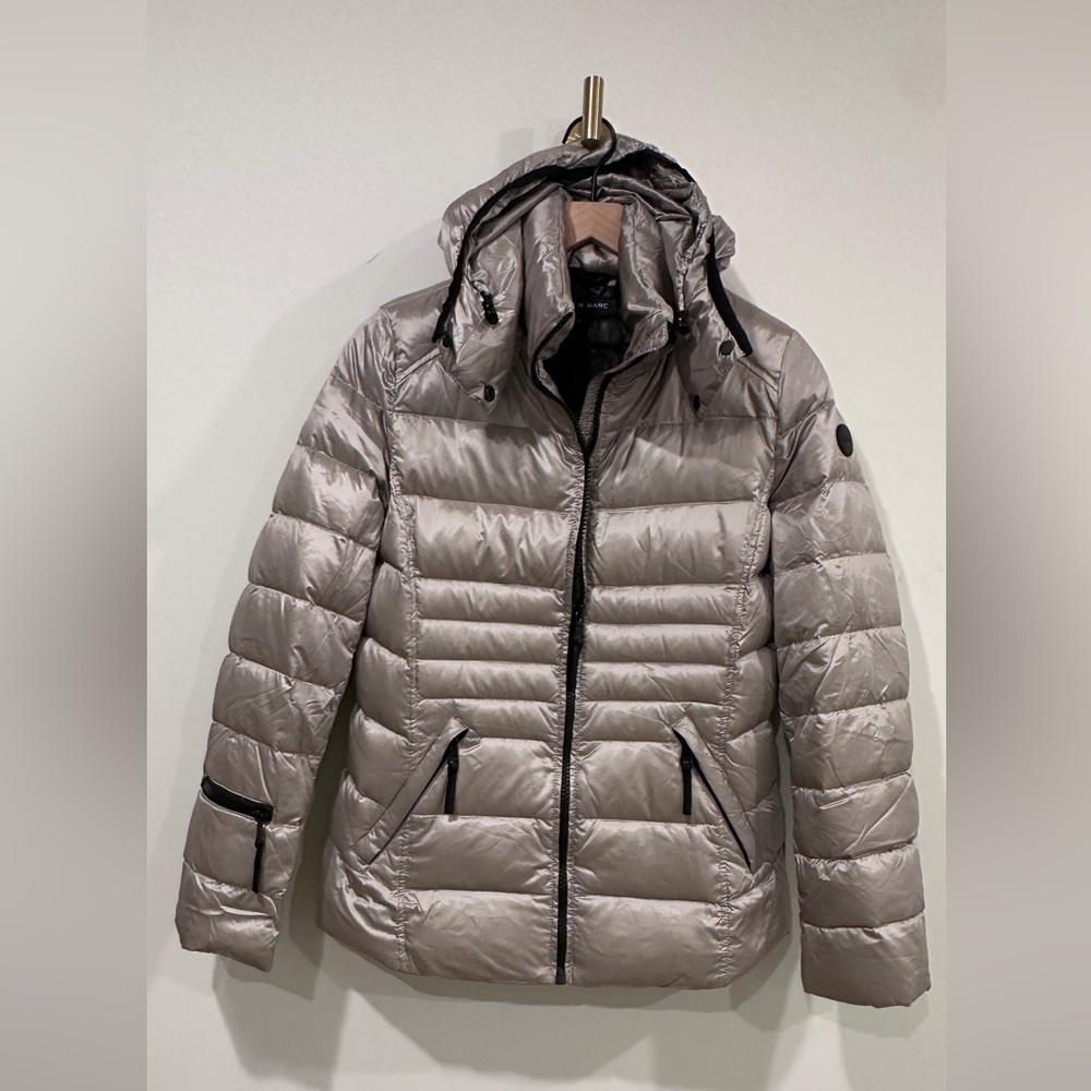Marc Andrew Champagne Metallic Quilted Puffer Coat Size M